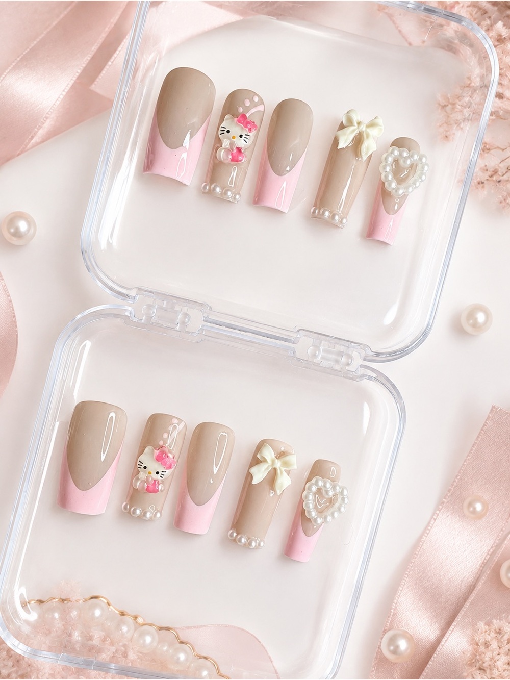 Pink French Tip Press On Nails 3D Kitty Bow Pearl Heart Reusable Size Medium